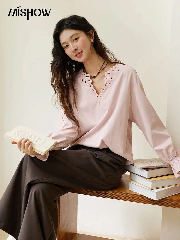 MISHOW French Style Hollow Out V-Neck Pink Blouse Long Sleeves MXE48X2502