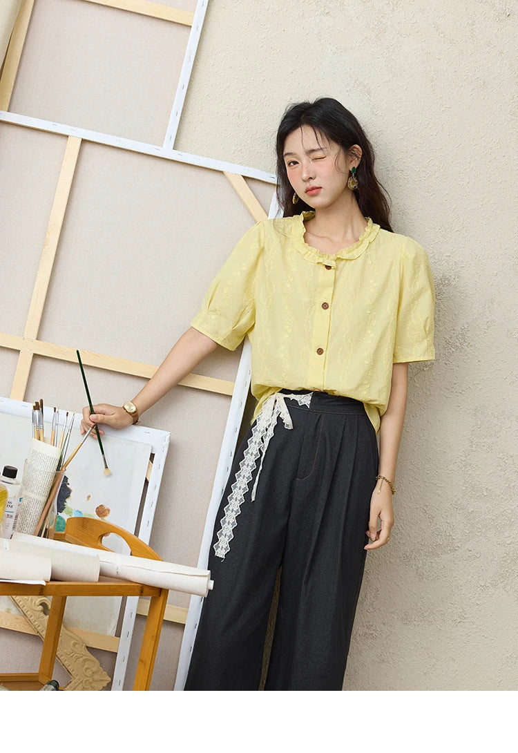 MISHOW 100% Cotton Puff Sleeve Shirt Round Neck Button MXE36X1873