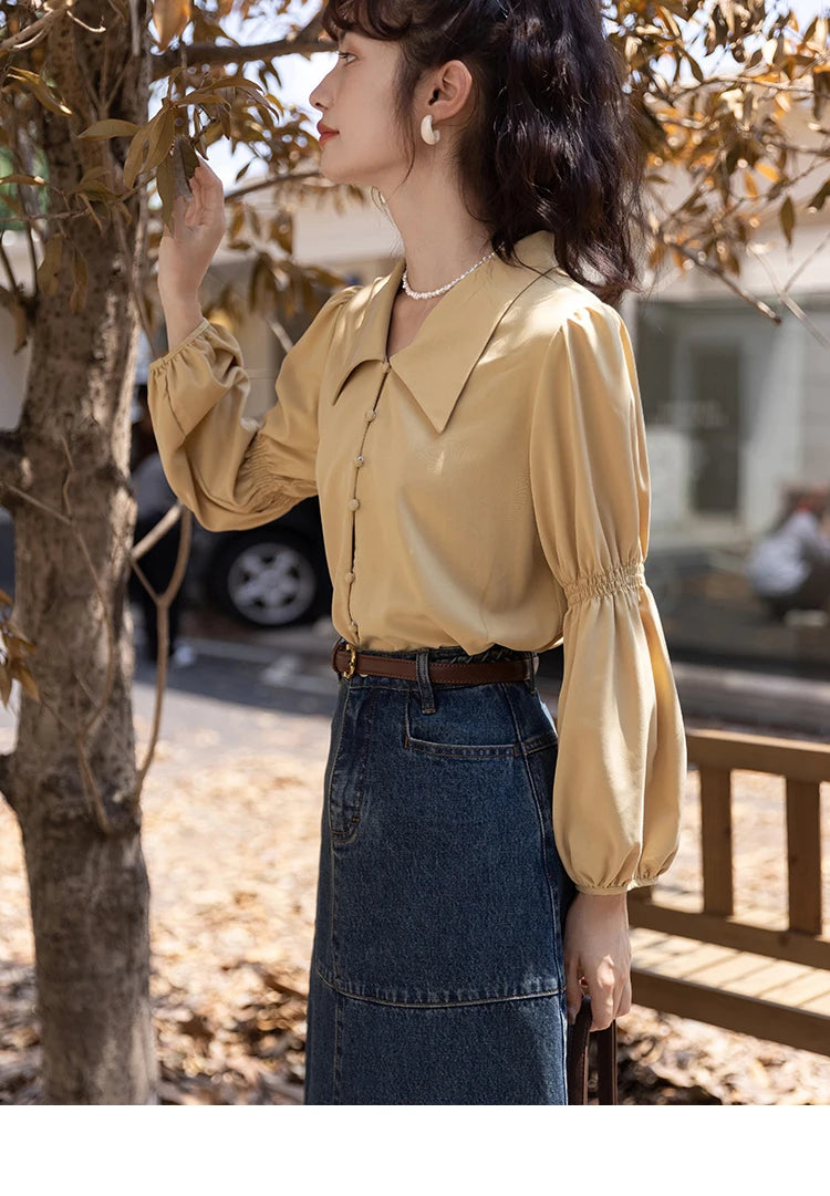 MISHOW Vintage French Lantern Sleeve Blouse Turndown Collar MXB32C0508