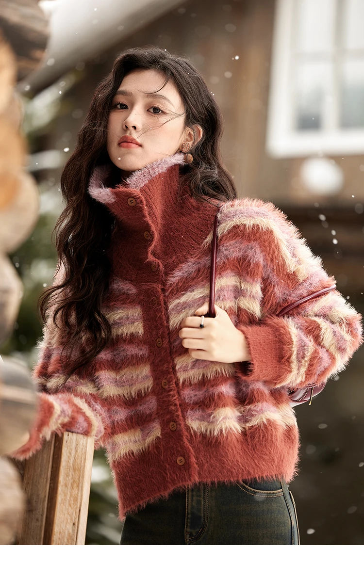 Mishow Red Striped Faux Mink Fur Stand Collar Cardigan MXD59Z1005