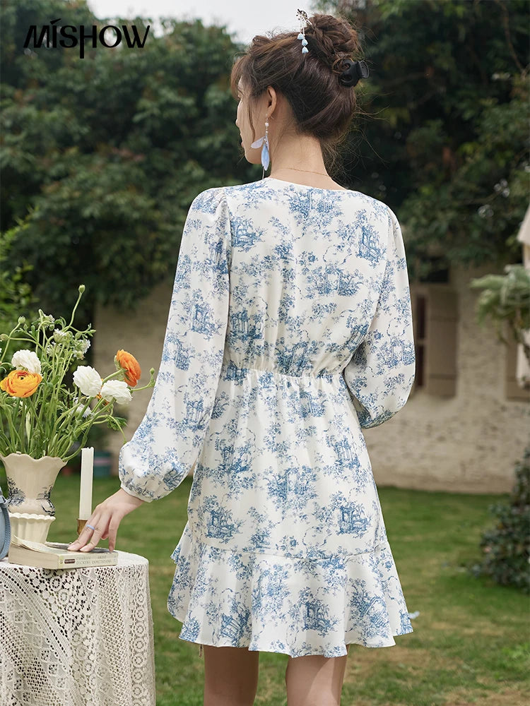 MISHOW French V-Neck Blue Porcelain Print Dress MXD15L1673