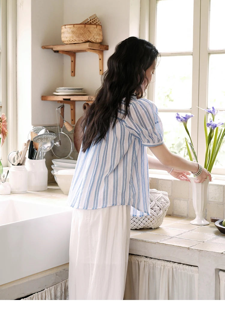 MISHOW Cotton Striped Blouse Lantern Sleeve Lace V-Neck MXE36X1845