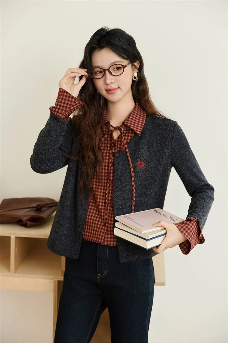 MISHOW Fake Two Knitted Sweater Plaid Splicing Flare Sleeve MXE45Z1401