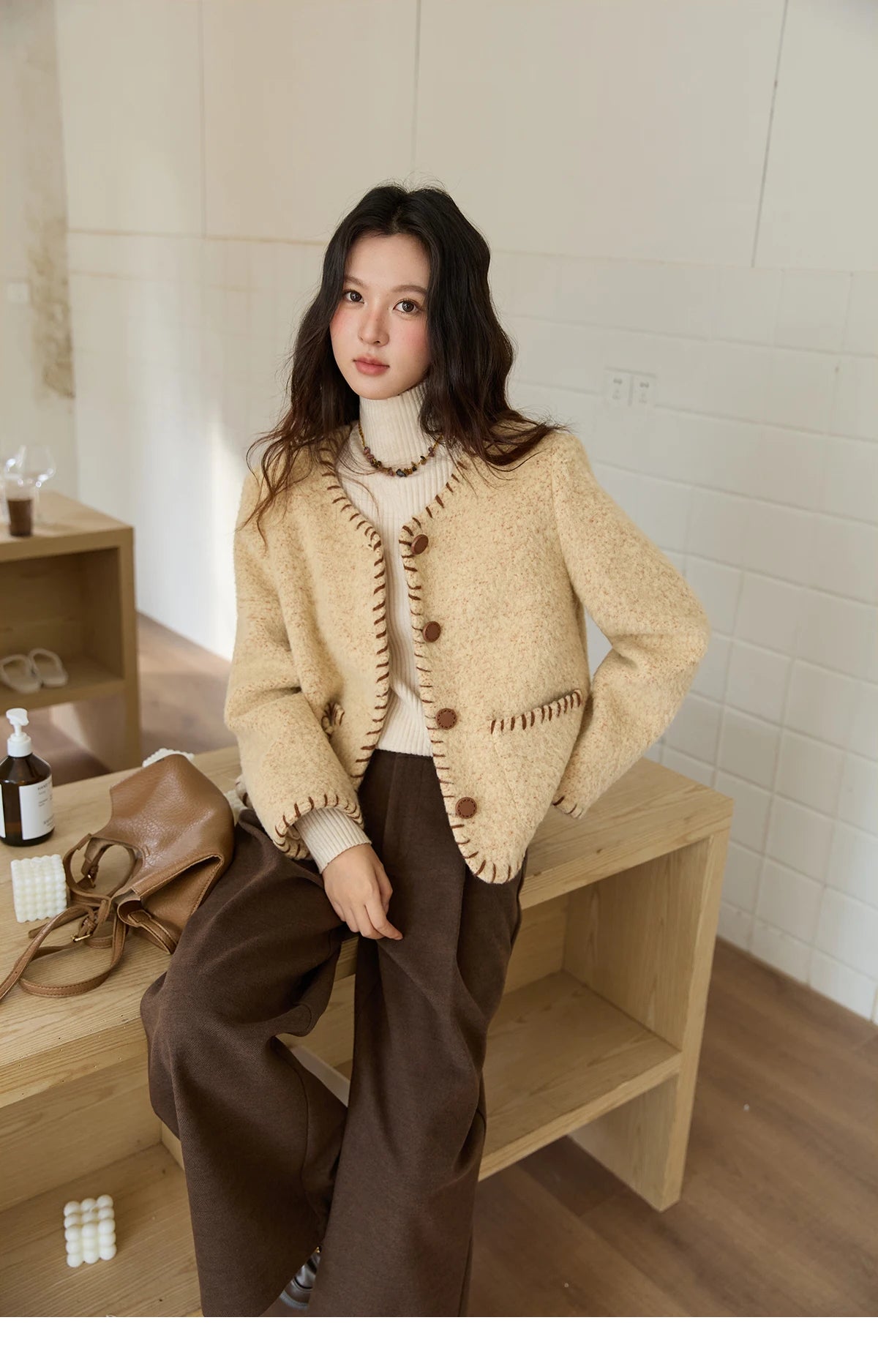 Mishow Apricot Round Neck Wool Blend Coat MXE88W0885