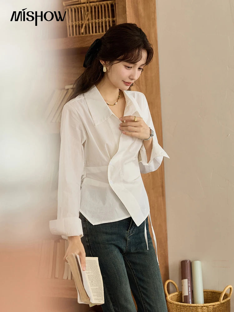 MISHOW French Side Placket Asymmetric Shirt Pleated Waist Lapel MXD45C0357