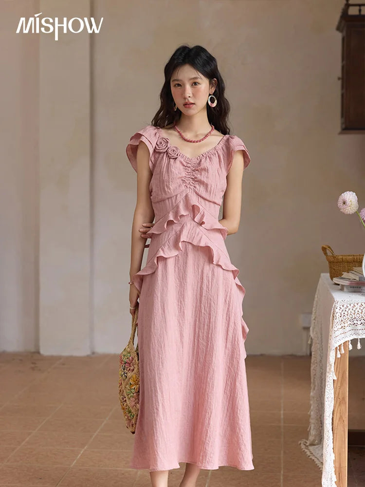 Mishow Flower Flying Sleeve V-Neck Pink Dress MXE34L2243
