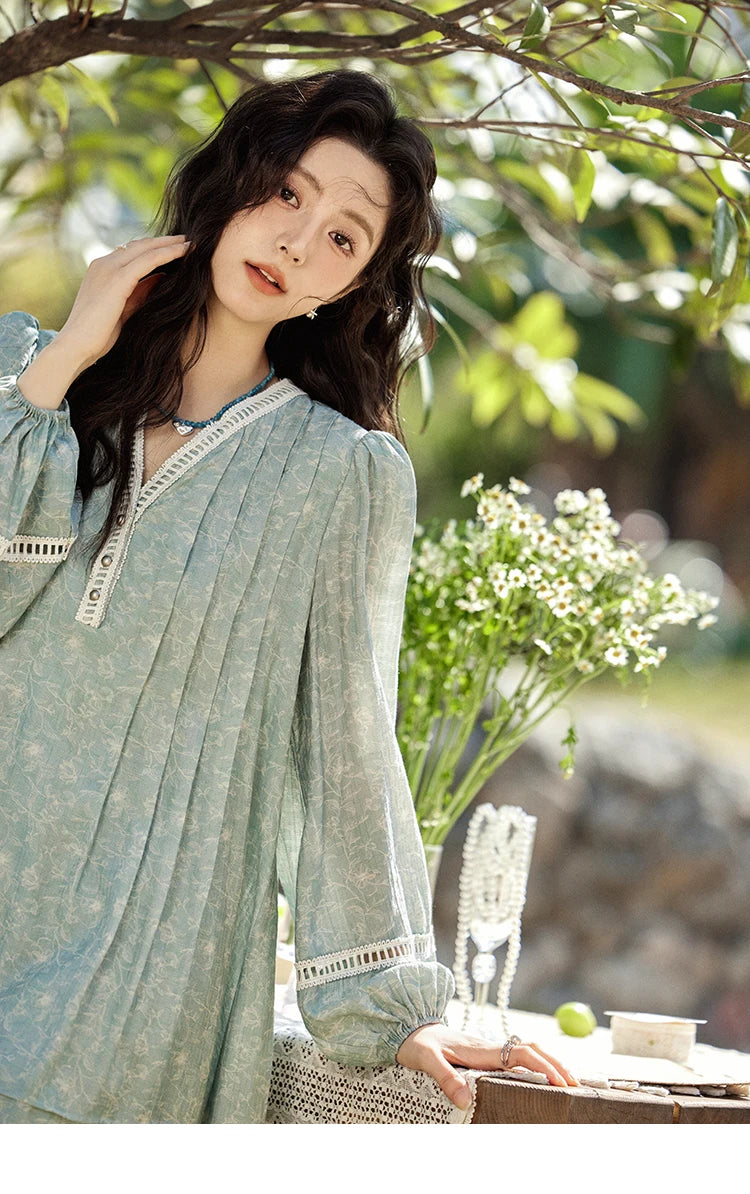 Mishow French V-Neck Hollow Lace Print Dress MXE12L2096