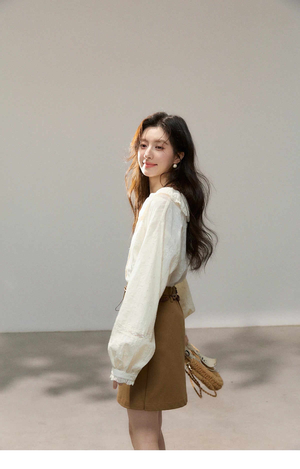 MISHOW Beige Lace Shirt Peter Pan Collar Micro Lantern Sleeve MXF108C0813