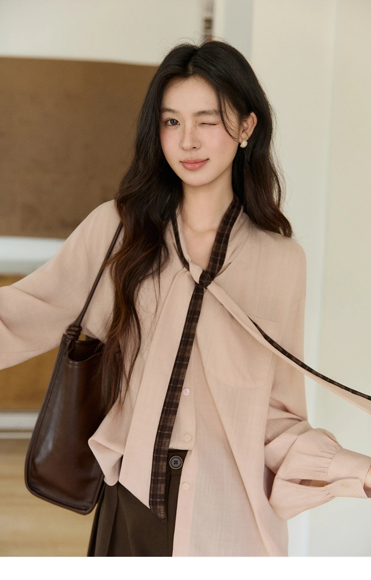 MISHOW Dusty Pink Shirt Plaid Tie Neck Lantern Sleeve MXF108C0817