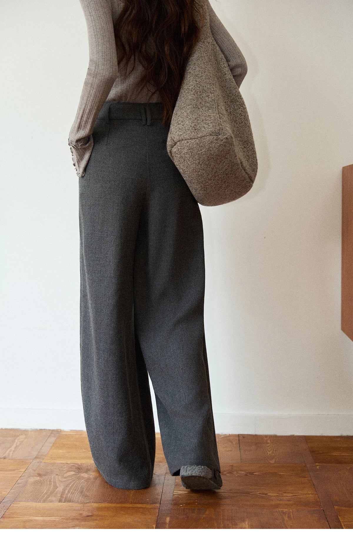 MISHOW Retro Gray Wide-Leg Pants Elastic Waist Warm MXE89K1099