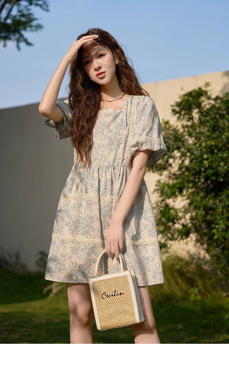 Mishow Square Collar Blue Floral Puff Sleeve Dress MXC38L1520
