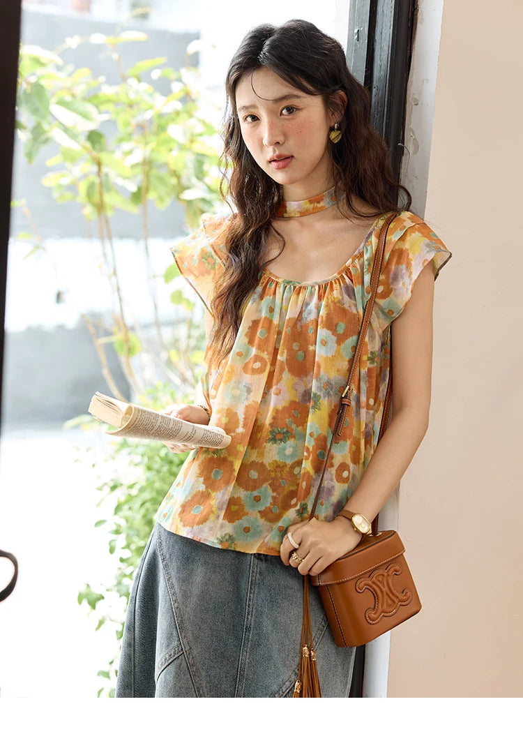 MISHOW Cotton Citrus Oil Painting Blouse Flying Sleeve MXE36X1872