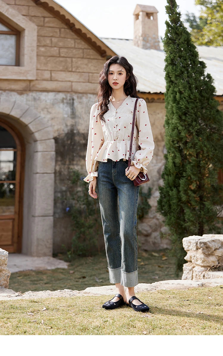 MISHOW Love Embroidered V-Neck Blouse Waist Ruffle MXE13X1700