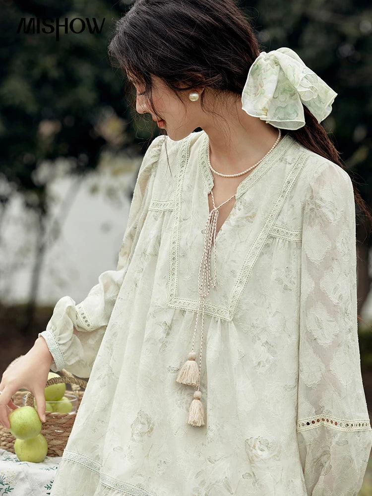 Mishow Floral V-Neck Tassel Lantern Sleeve Dress MXE15L2121
