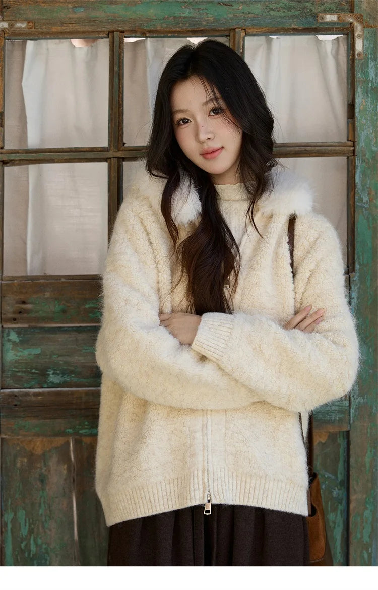 Mishow Beige Fur Hood Zipper Cardigan MXE94Z2963