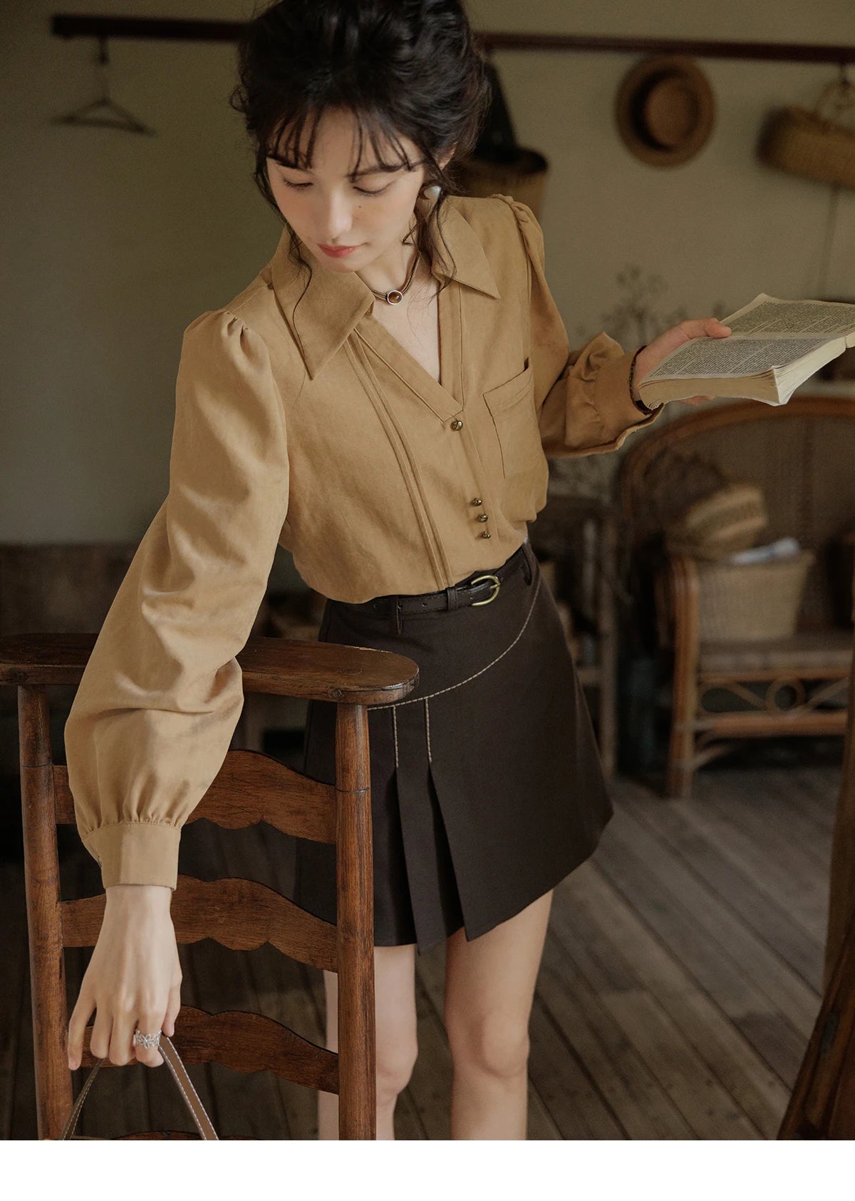 MISHOW French Lapel V-Neck Shirt Retro Button Pockets MXD43C0306