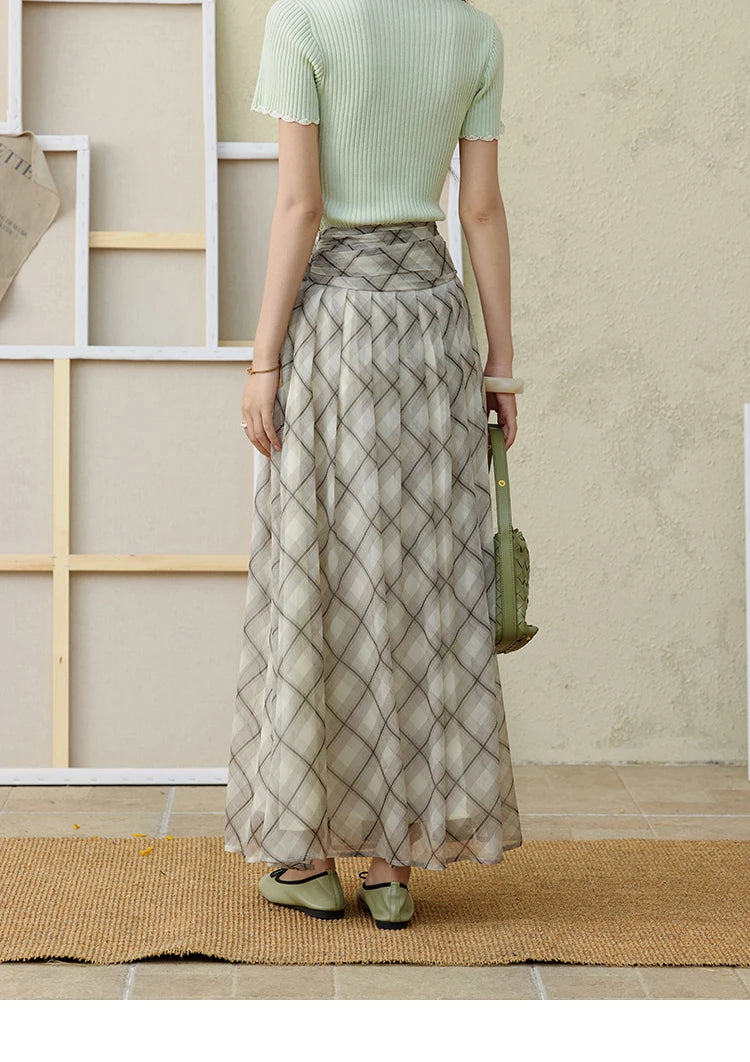 MISHOW Apricot Green Retro Plaid Skirt Pleated Chiffon High Waist A-Line MXE35B0747