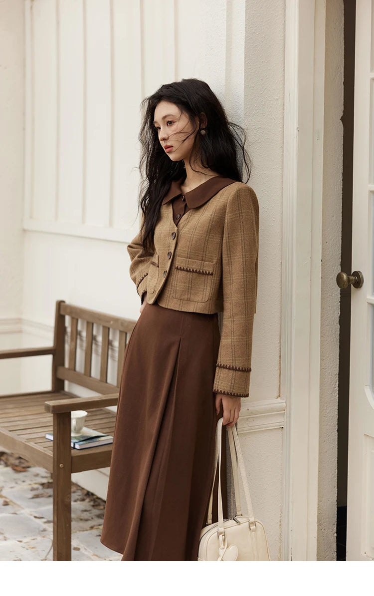 Mishow Plaid Tweed Jacket & Pleated Midi Skirt Set MXD46W0460