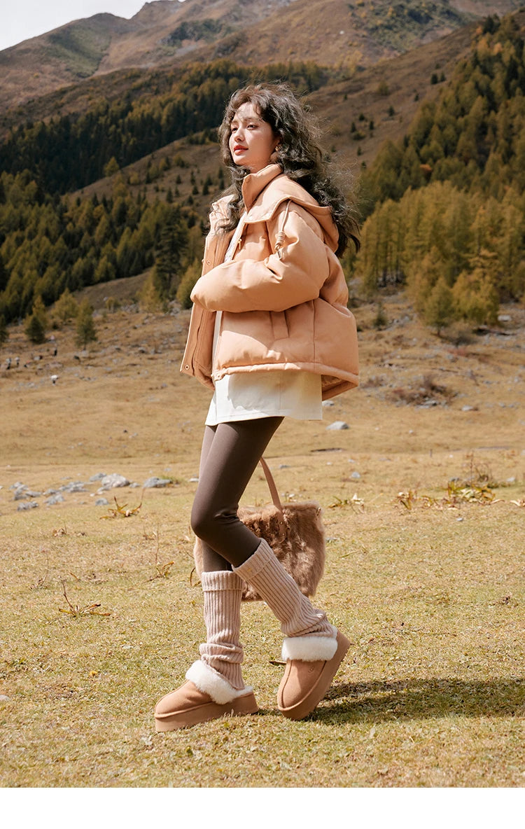 Mishow Hooded Imitation Leather Short Down Jacket MXC52Y0008