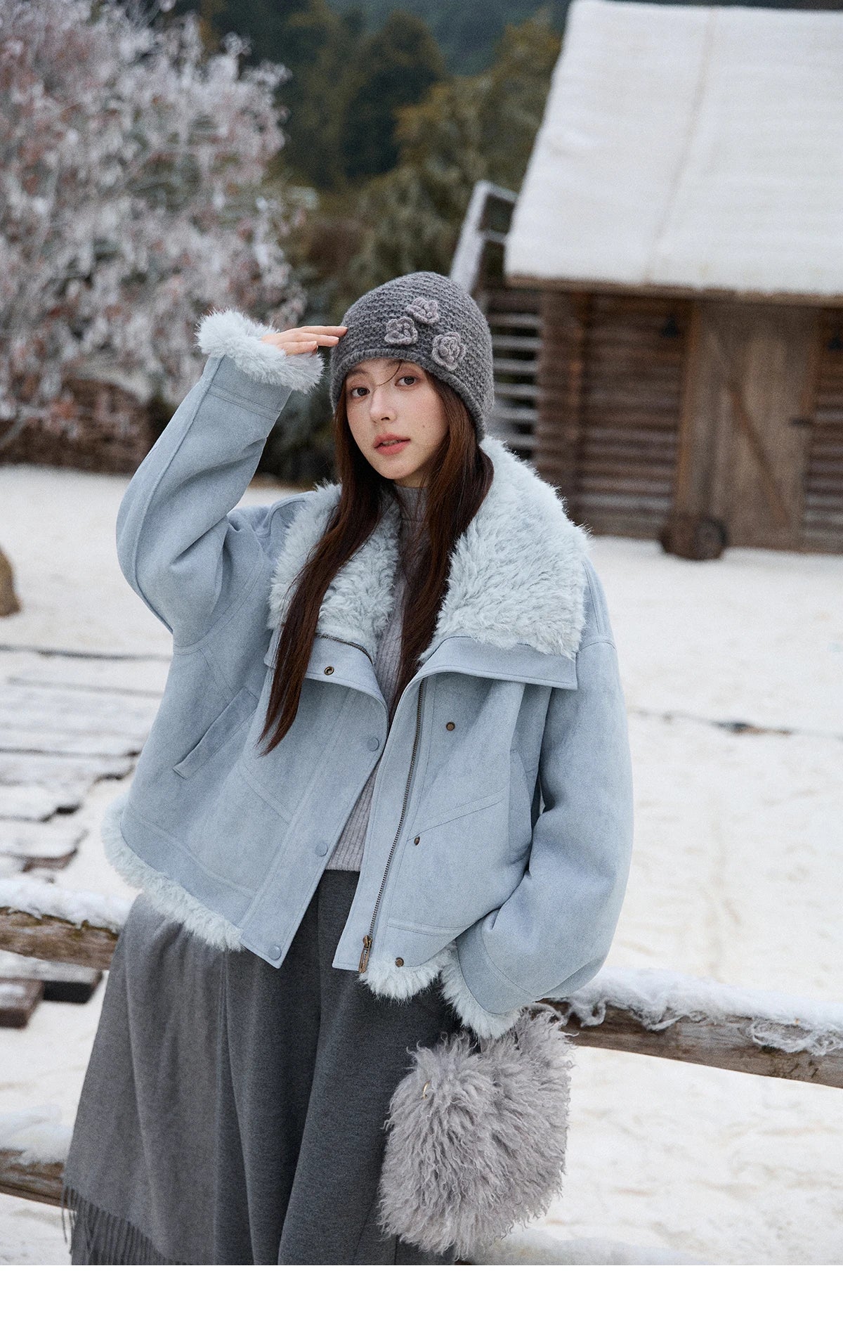MISHOW Blue Plush Jacket Turn-Down Collar Zip-Up Loose MXE87W0917