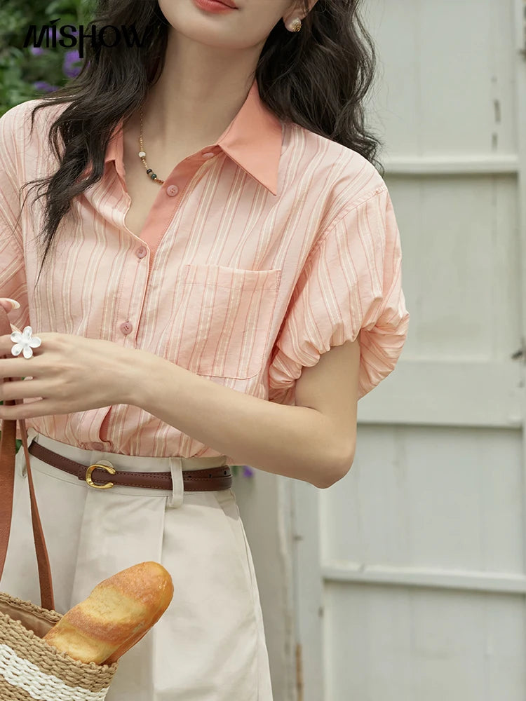 MISHOW Hong Kong Retro Pink Striped Shirt Bubble Sleeve Lapel MXD28C0250