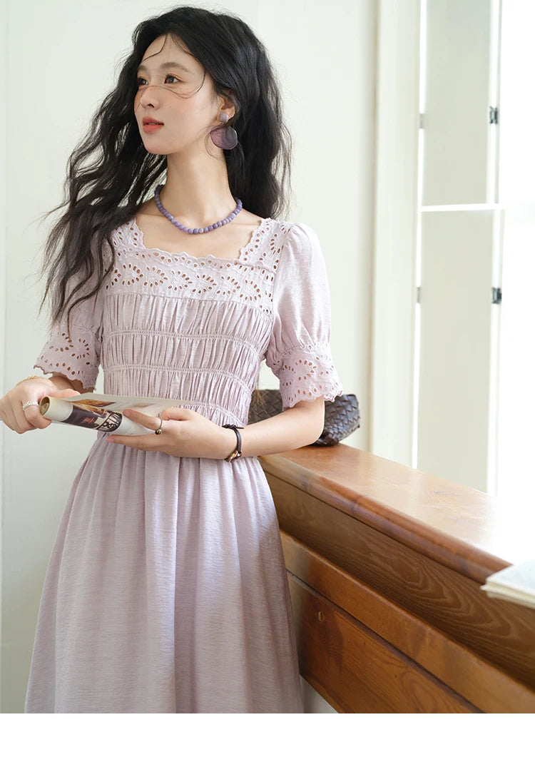 Mishow Purple Square Neck Puff Sleeve Lace Dress MXE39L2406