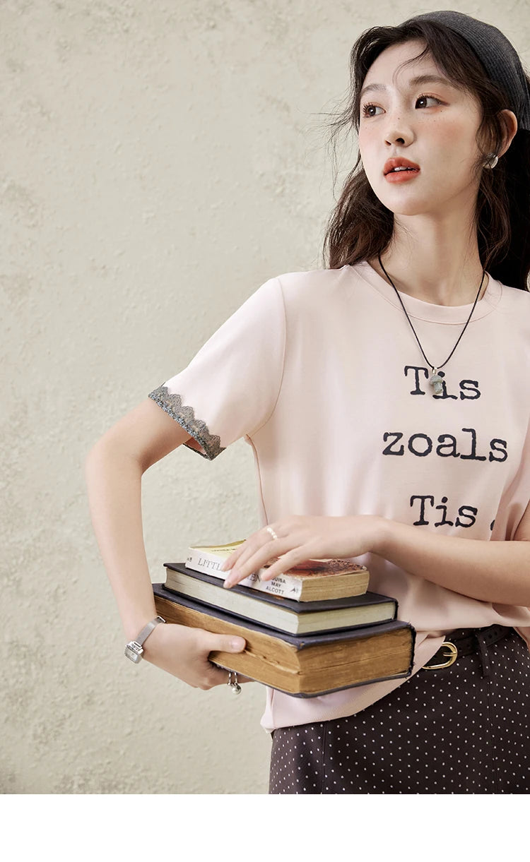 Mishow Pink Letter Print Lace Trim Tee MXE32T0529