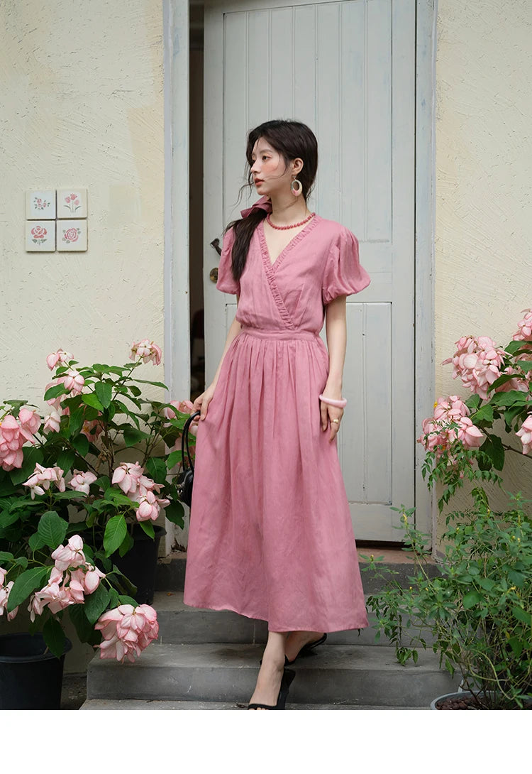 Mishow V-Neck Puff Sleeve Pocket Sash Dress MXE39L2381