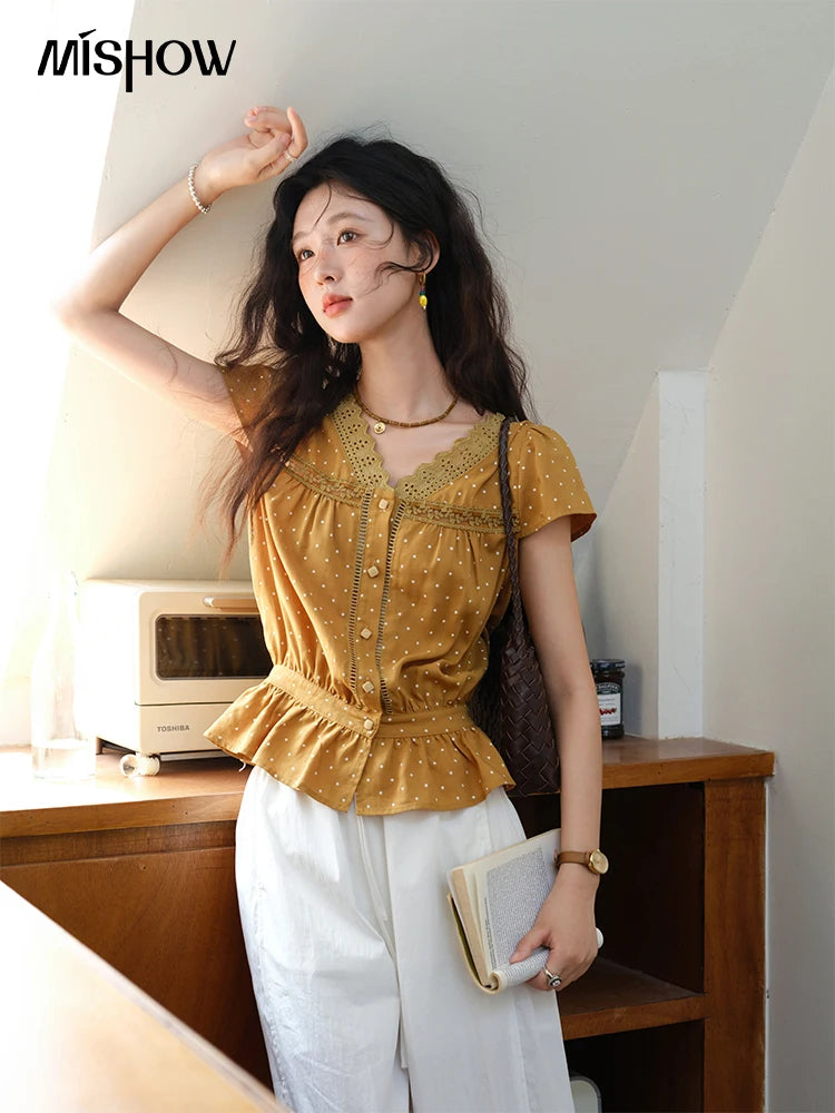 MISHOW V-Neck Lace Polka Dot Blouse Ruffled Button MXE38X1847