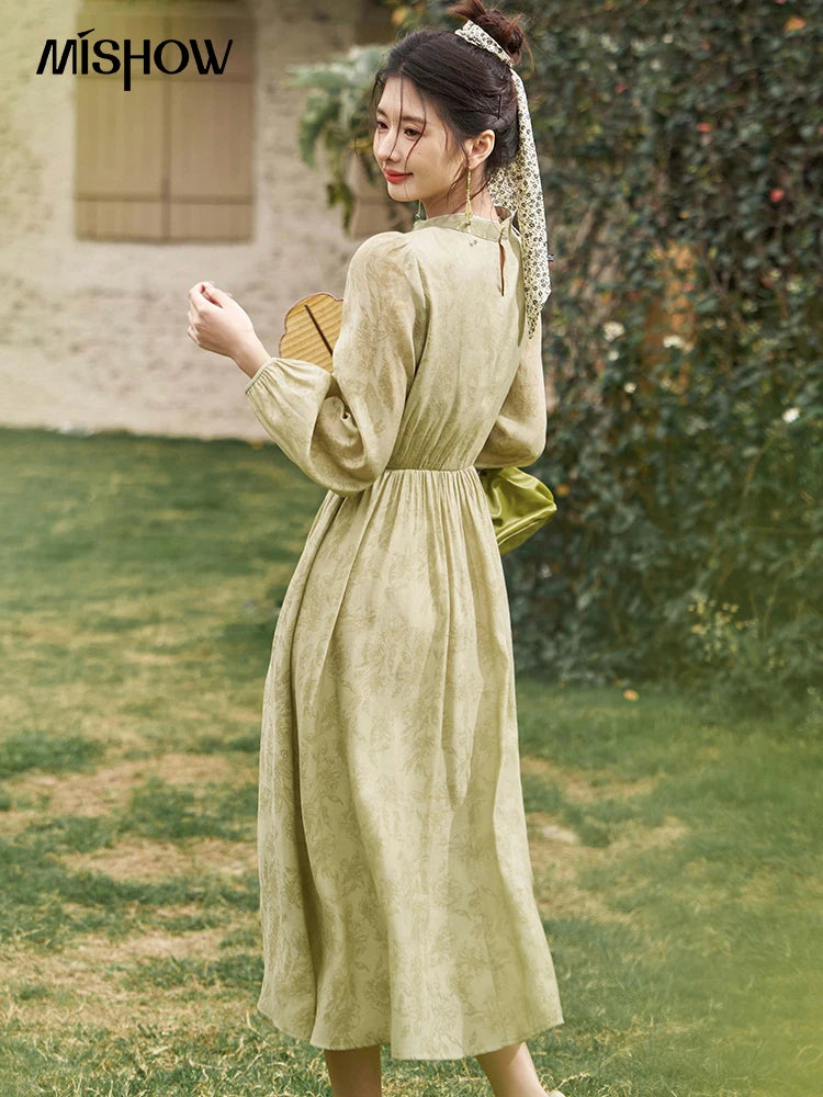 Mishow Chinese Cheongsam Green Puff Sleeve Dress MXD14L1767