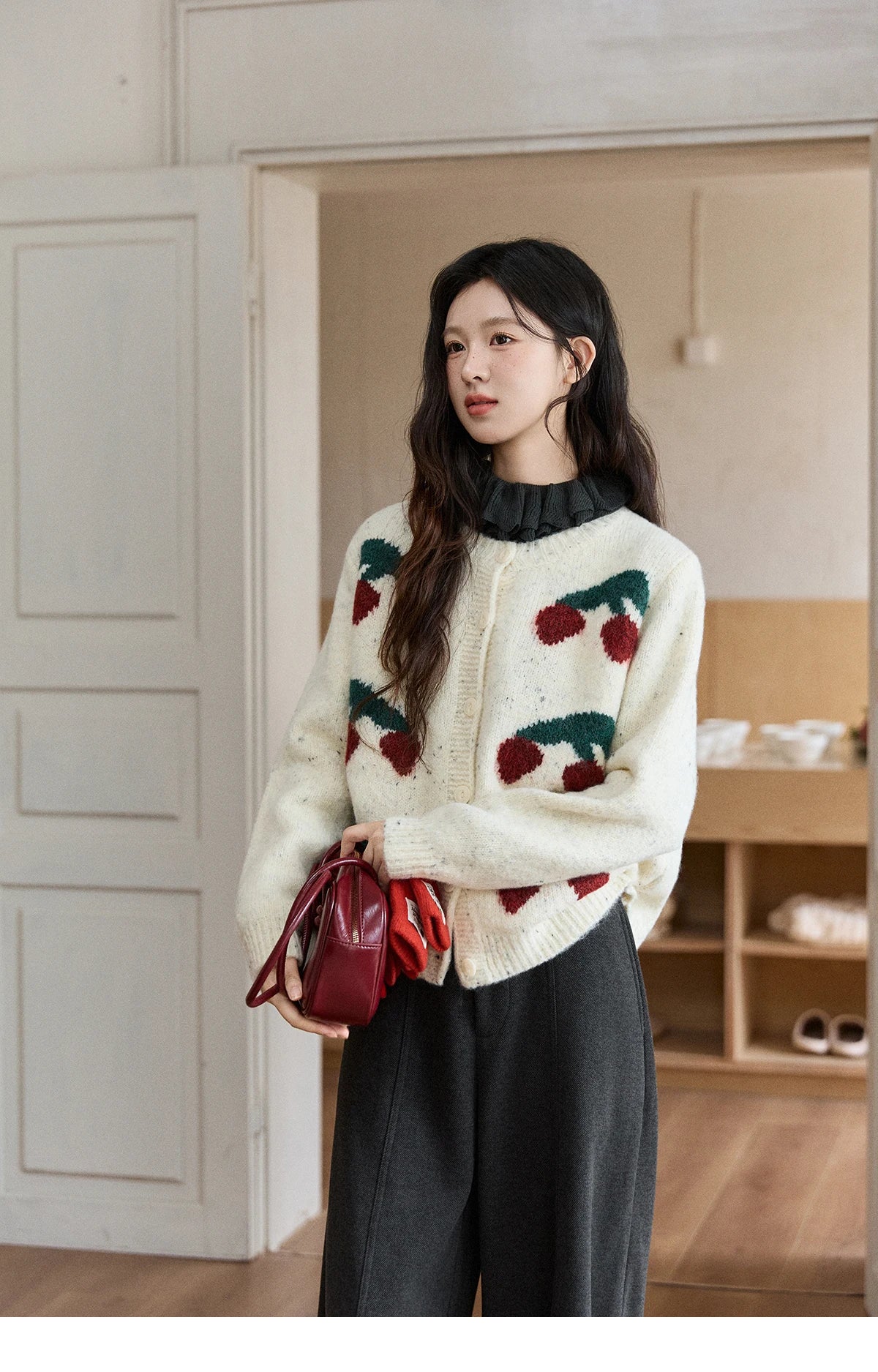 Mishow Cherry Jacquard Flecked Drop Shoulder Cardigan MXE91Z2837