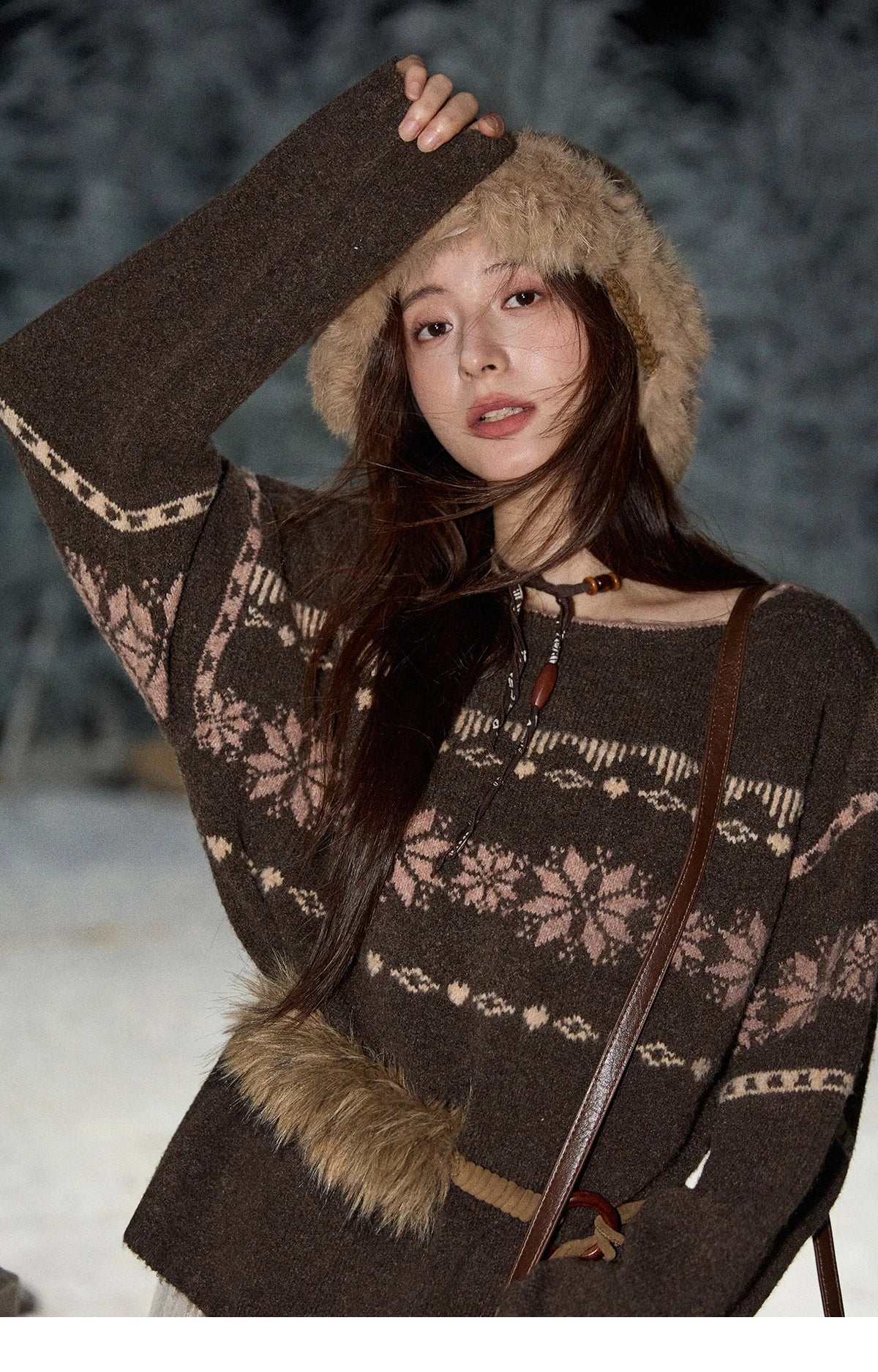 Mishow Brown Snowflake Jacquard Crew Neck Pullover MXE86Z2655