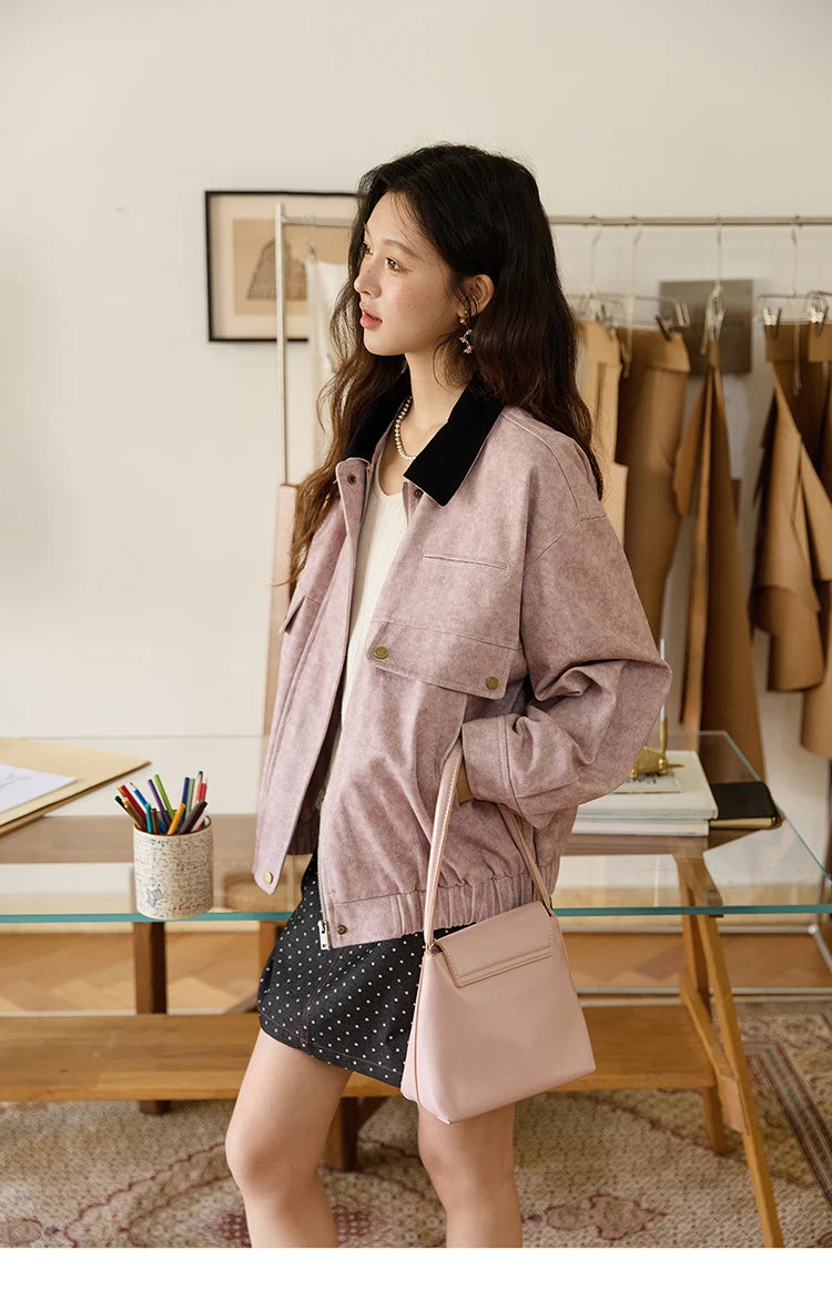 MISHOW Pink Purple Collision Lapel Jacket Suede Metal Zipper Elastic Hem MXE46W0865