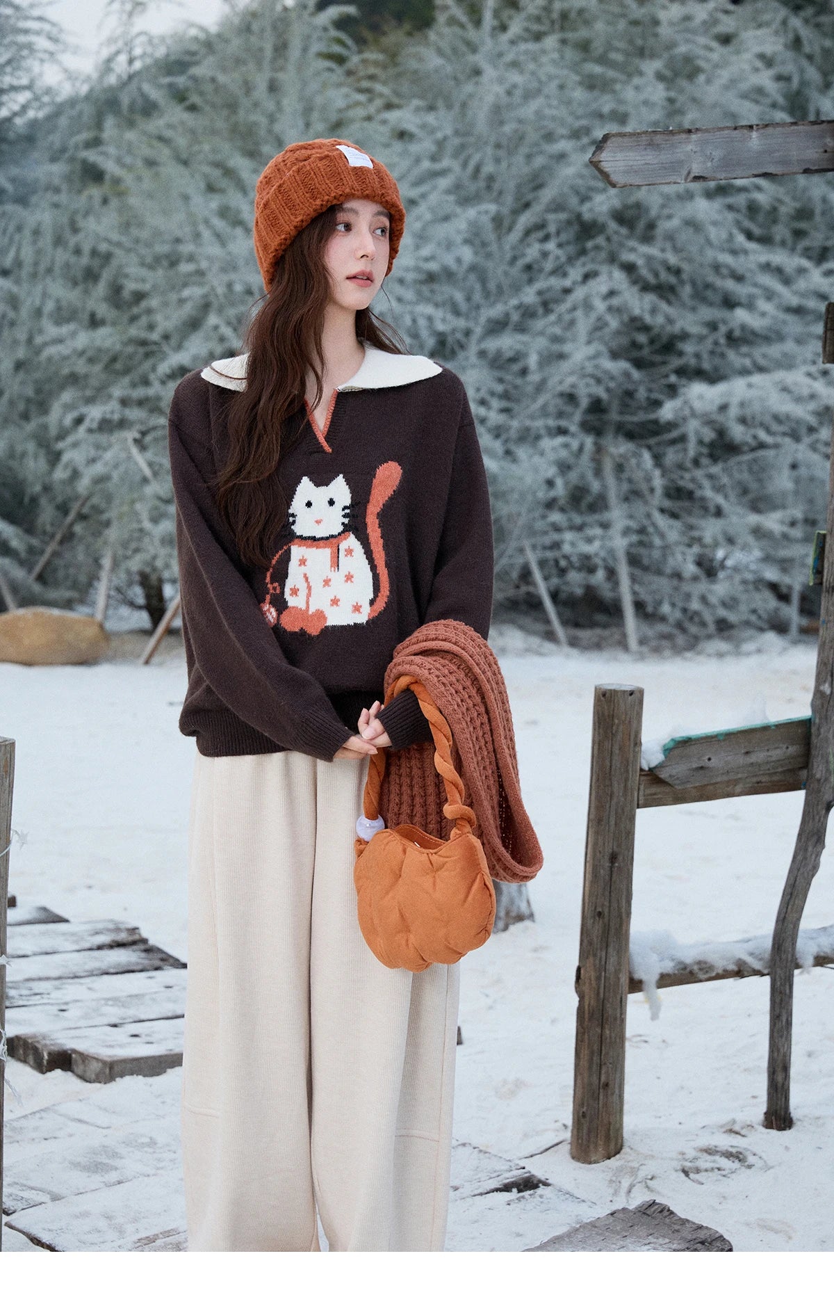 Mishow Retro Arctic Fleece Color Block Cat Sweater MXE90Z2835