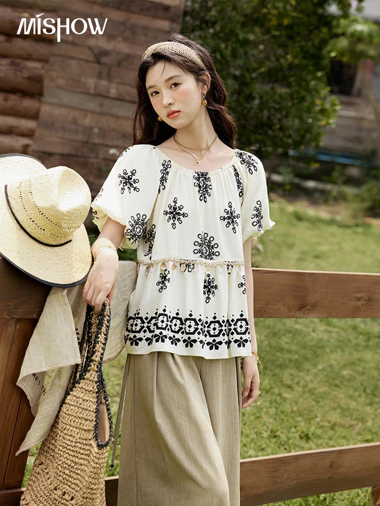 MISHOW Bohemian Print Blouse Short Puff Sleeve Square Collar Shell Ribbon MXE35X1817
