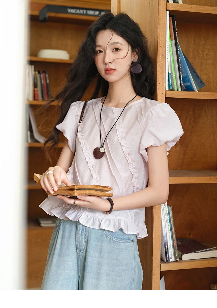 MISHOW Fungus Edge Puff Sleeve Blouse O-Neck Loose MXE39X1941