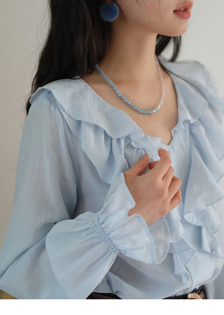 MISHOW Blue Lyocell Ruffled Shirt Flared Sleeves MXE41X1969