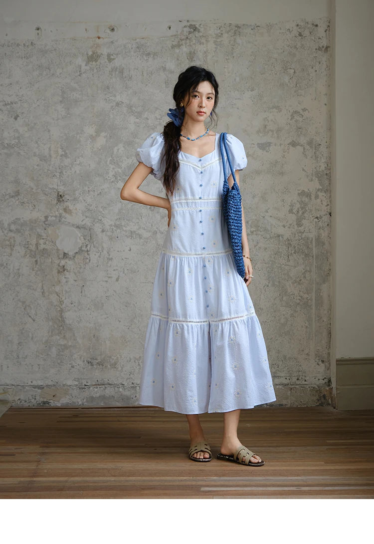 Mishow French Sweet Flower Embroidery Puff Sleeve Dress MXE35L2271