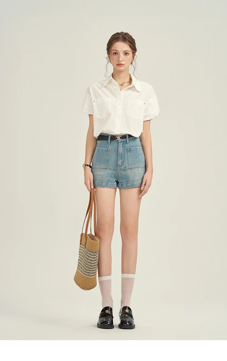 Mishow Denim Blue High Waist Straight Shorts MPD26K0618