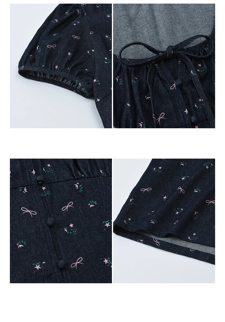 MISHOW Puff Sleeve Square Neck Blouse Lace Up Print Denim MXE39X1933