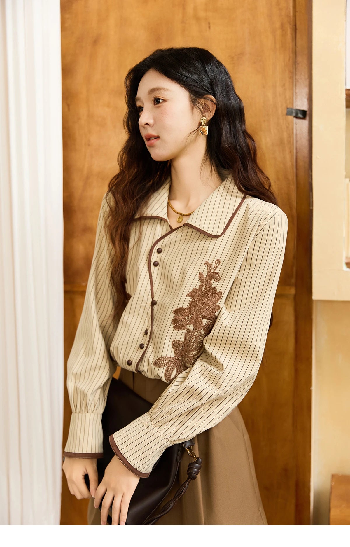 MISHOW Khaki Brushed Striped Shirt Lace Embroidered Asymmetric Placket MXE45C2402