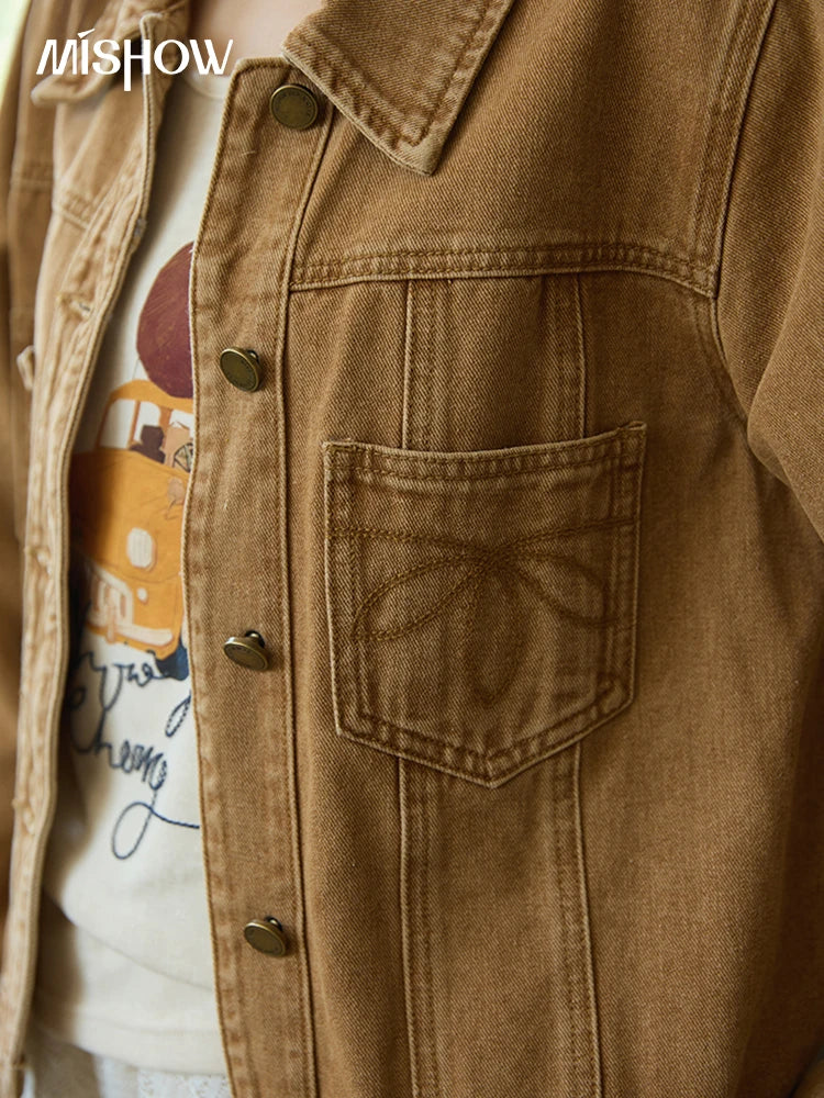 MISHOW Light Brown Denim Jacket Embroidered Pockets Dropped Sleeve MXE41W0795