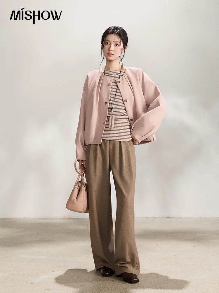MISHOW Pink Flower Bud Leather Jacket Crew Neck Single-Breasted MXF108W1001