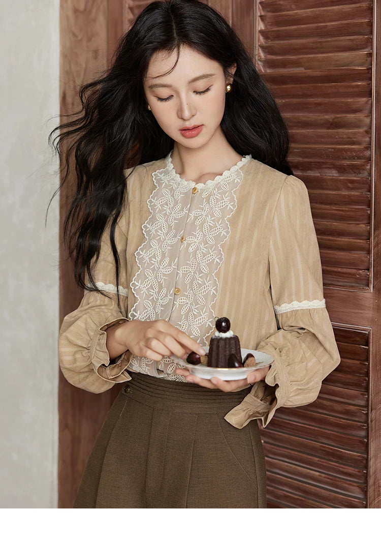 MISHOW Mesh Embroidery Blouse Lace Collar Lantern Sleeve MXD47X1664
