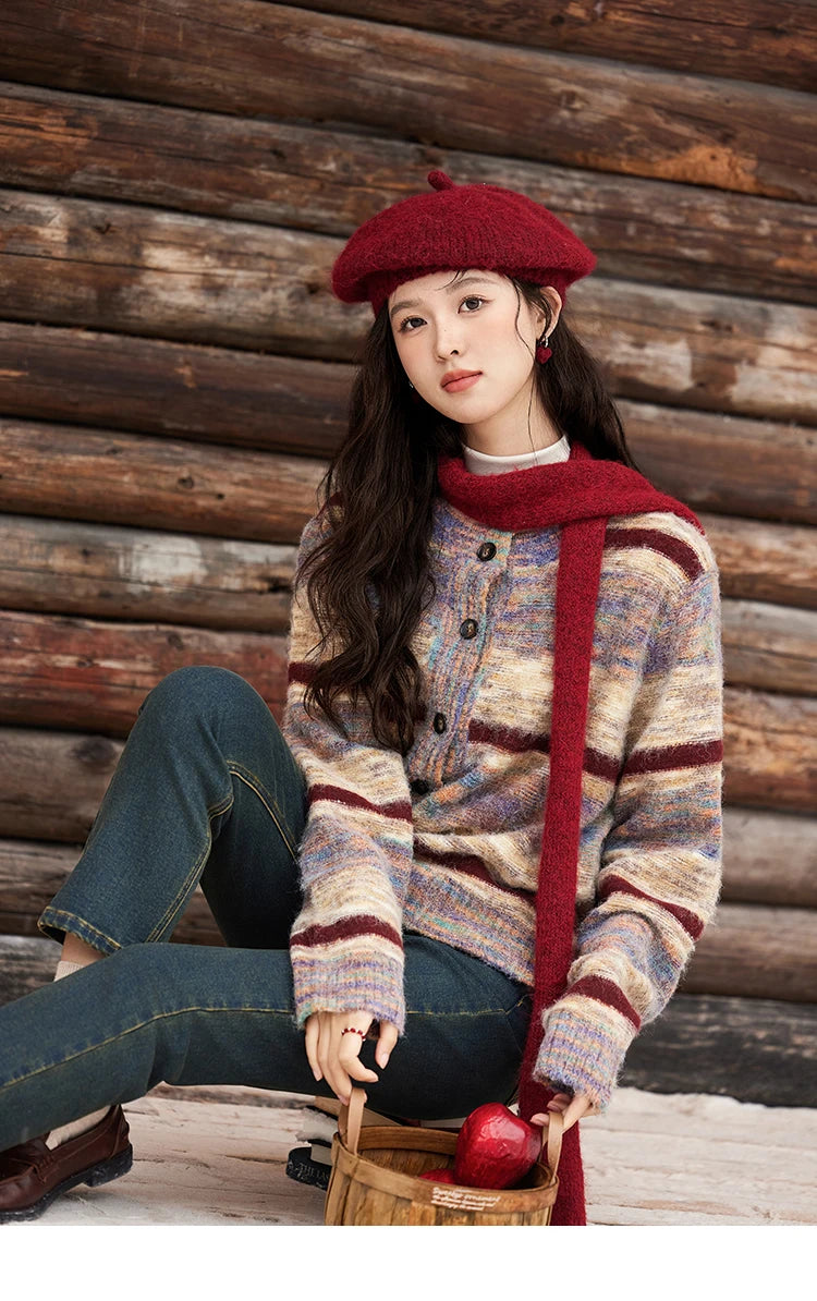 Mishow Striped Contrast Color O-Neck Cardigan MXD59Z1061