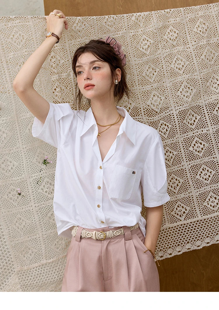 MISHOW French Turn-Down Collar Short Sleeve Solid Blouse MXE33C0778
