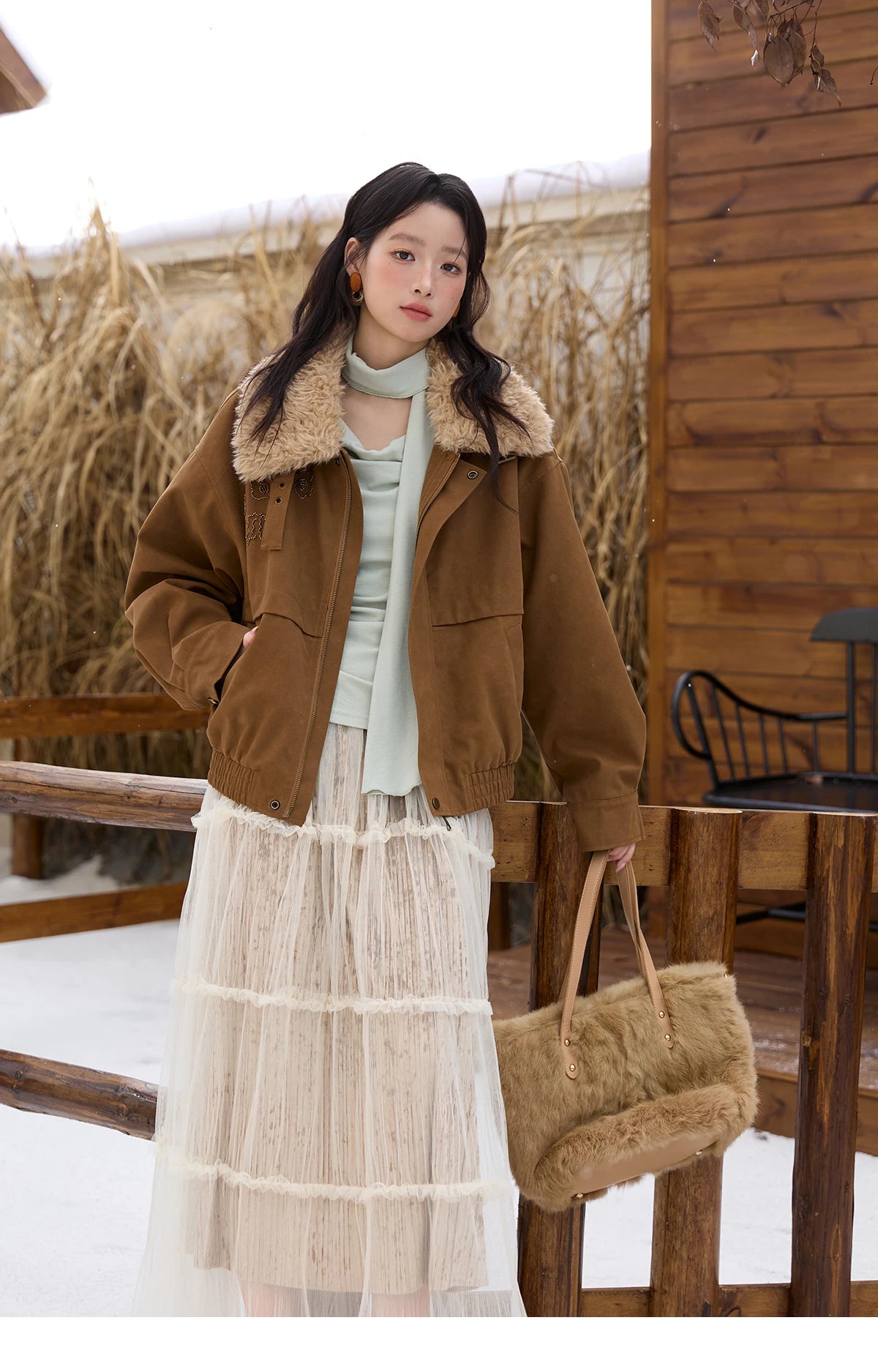 MISHOW Brown Suede Jacket Detachable Fur Collar Zipper MXE51W0876