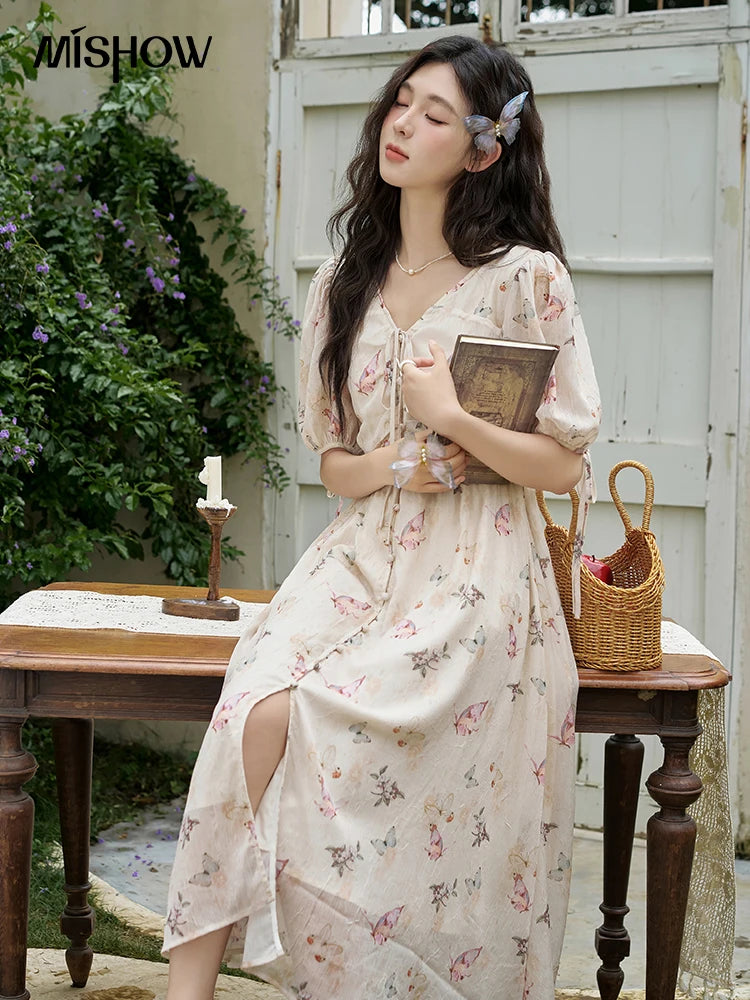 Mishow Butterfly Print V-Neck Lace-Up Bubble Sleeve Dress MXD15L1778