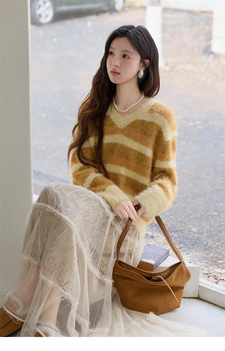 Mishow Retro Yellow Striped Faux Mink Jacquard Sweater MXE87Z2766