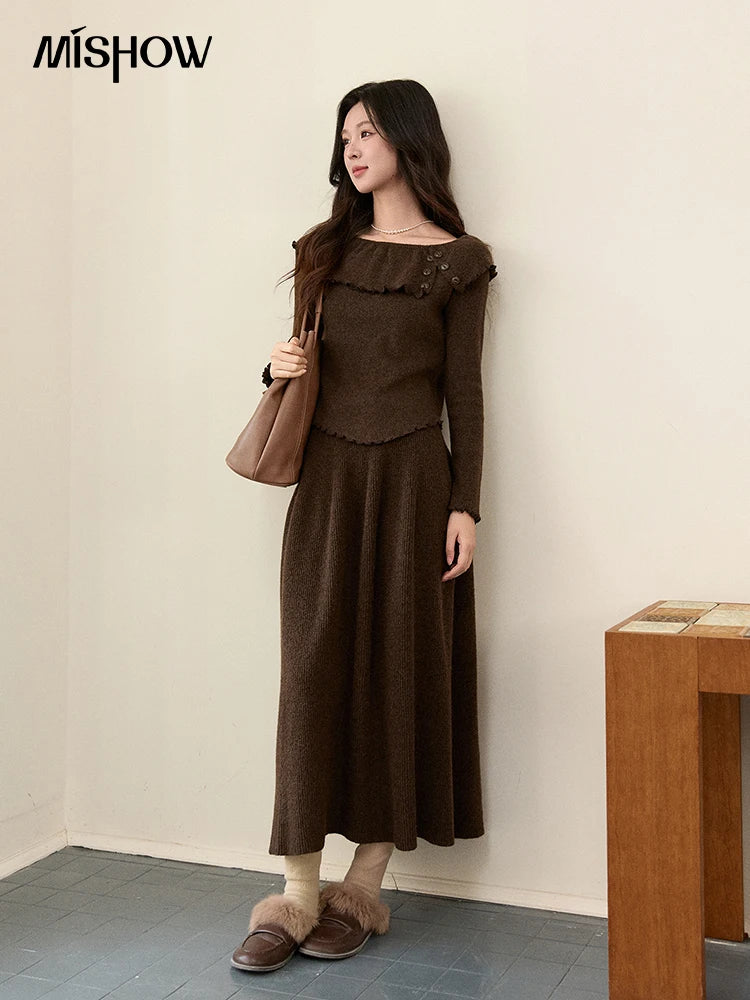 Mishow Coffee Ruffle Boat Neck Top & A-Line Skirt Set MXE93T1455